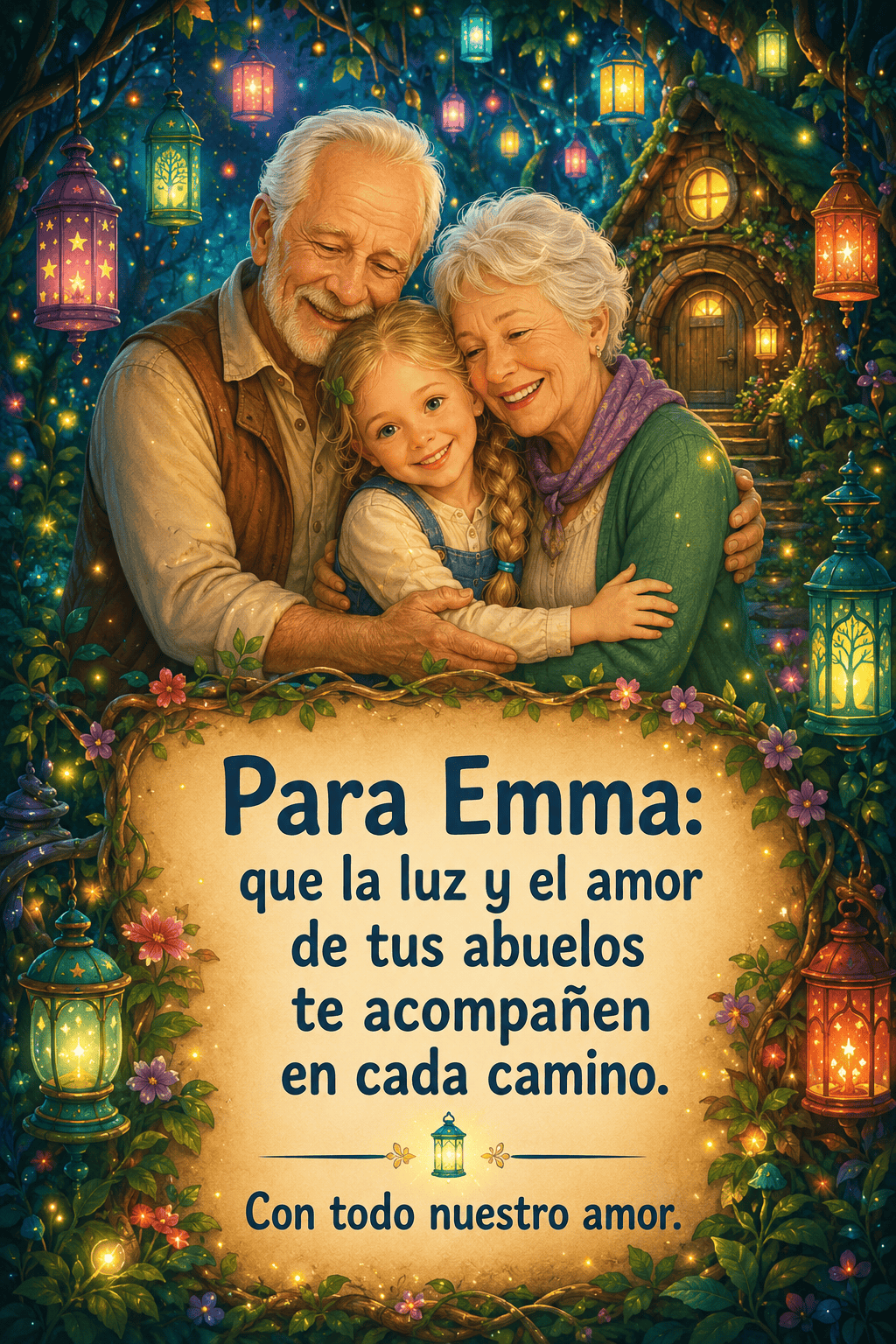 Dedicatoria de 👧👵👴 Emma con sus abuelos en el bosque de las linternas mágicas