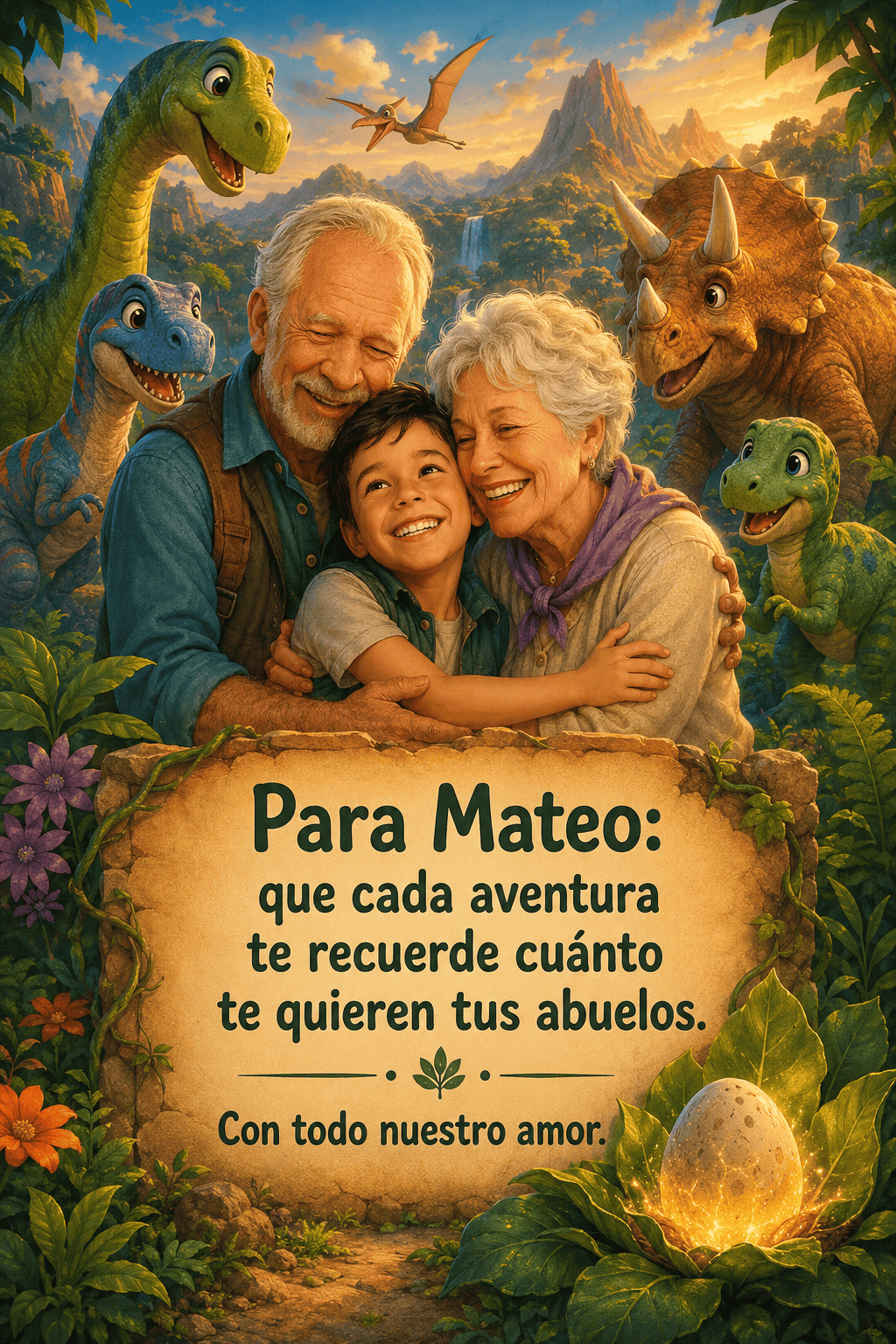 Dedicatoria de 👦👵👴 Mateo con sus abuelos en el valle de los dinosaurios amigos