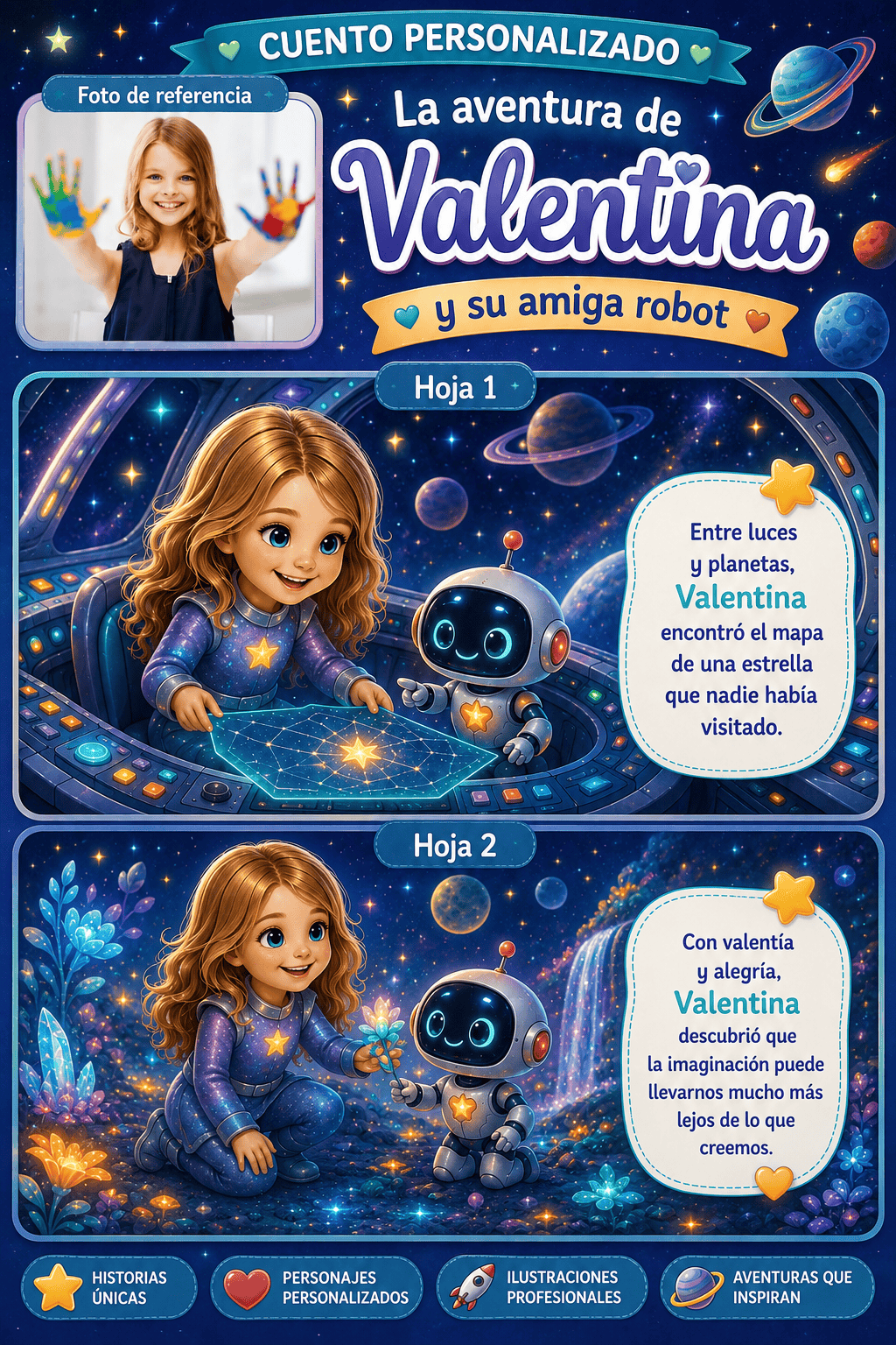 Páginas de muestra de cuento espacial personalizado