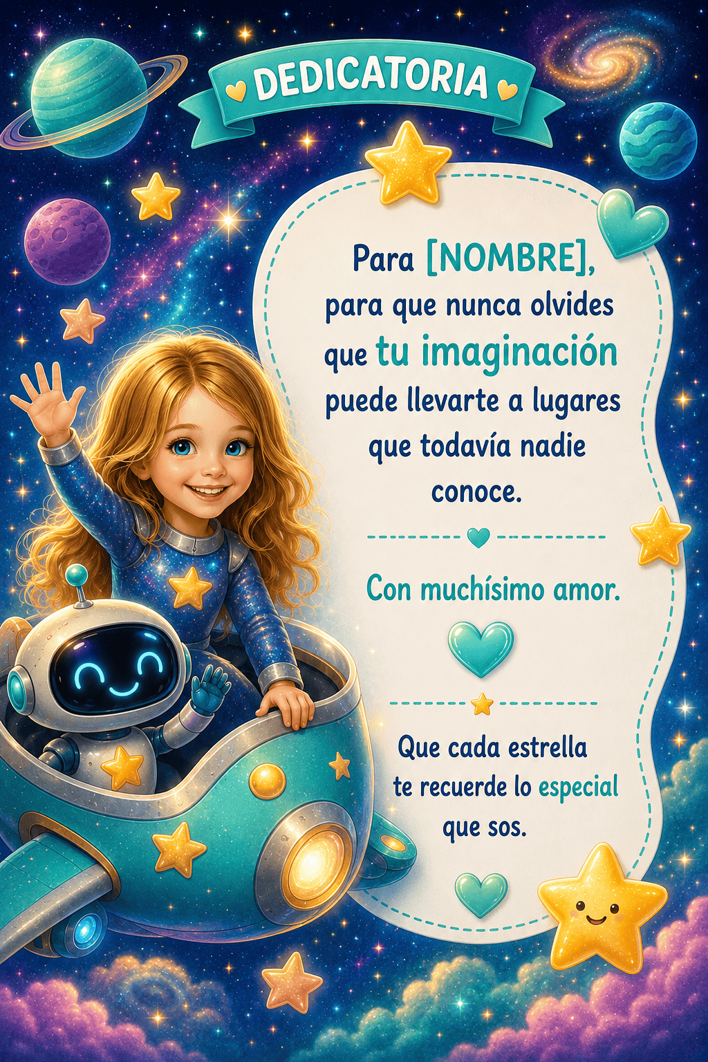 Dedicatoria final de cuento espacial personalizado