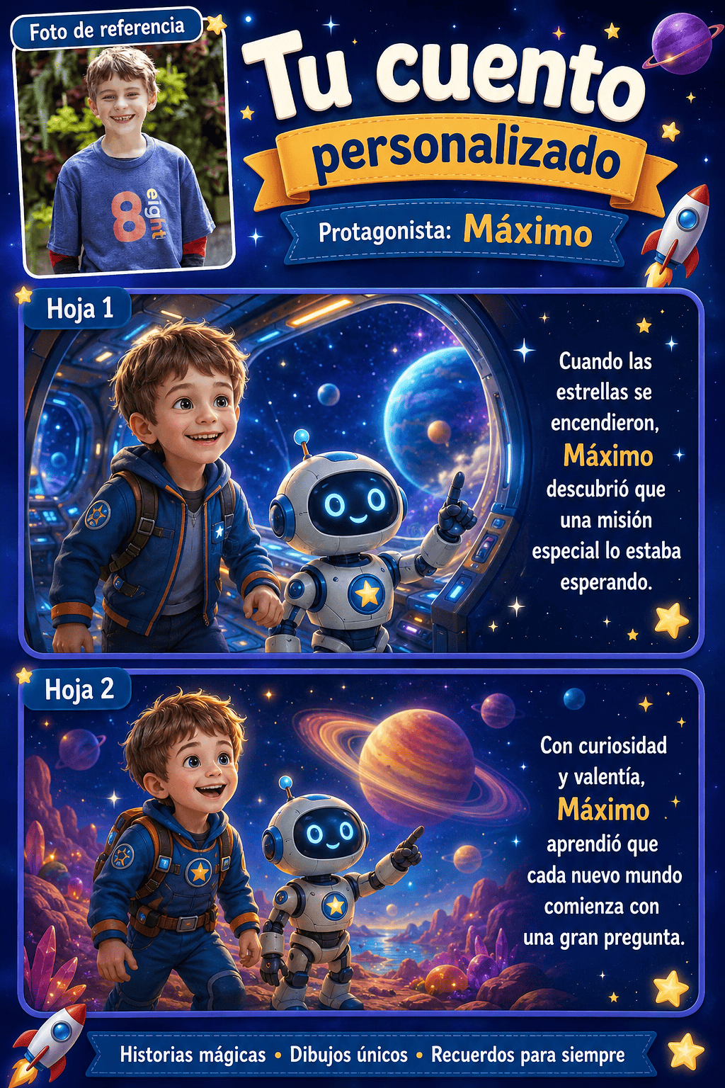 Páginas de muestra de cuento espacial personalizado