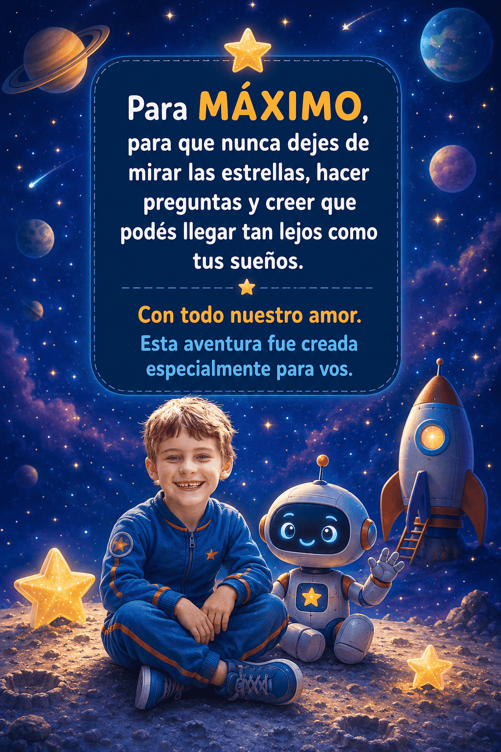 Dedicatoria final de cuento espacial personalizado