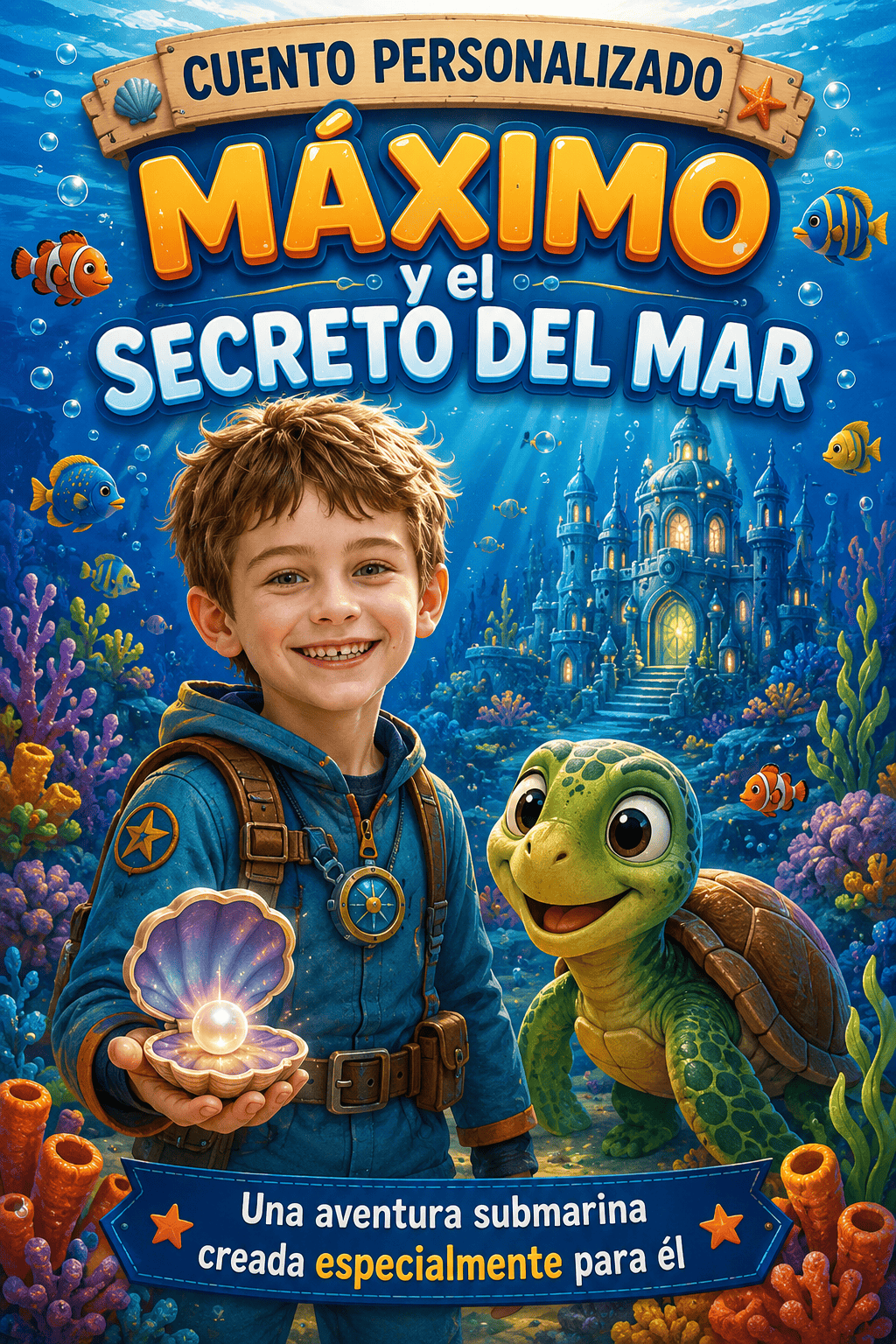 Portada de cuento submarino personalizado